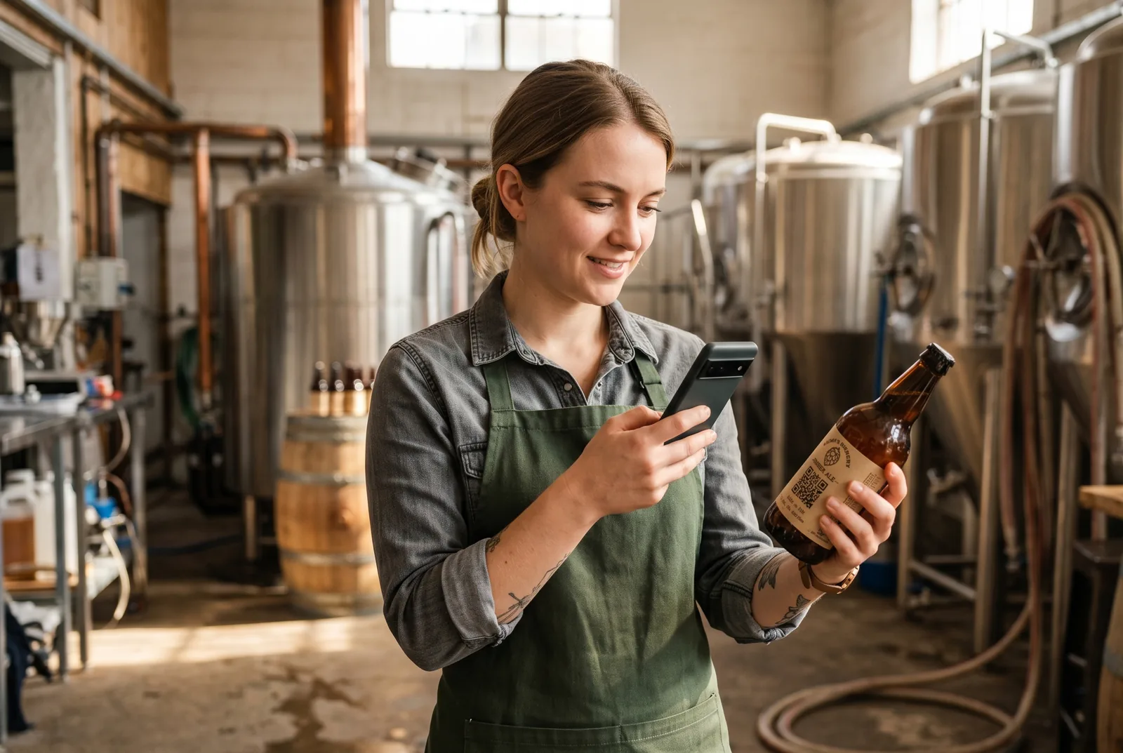 Flasche mit moderner Produktkennzeichnung und Smartphone-Scan.