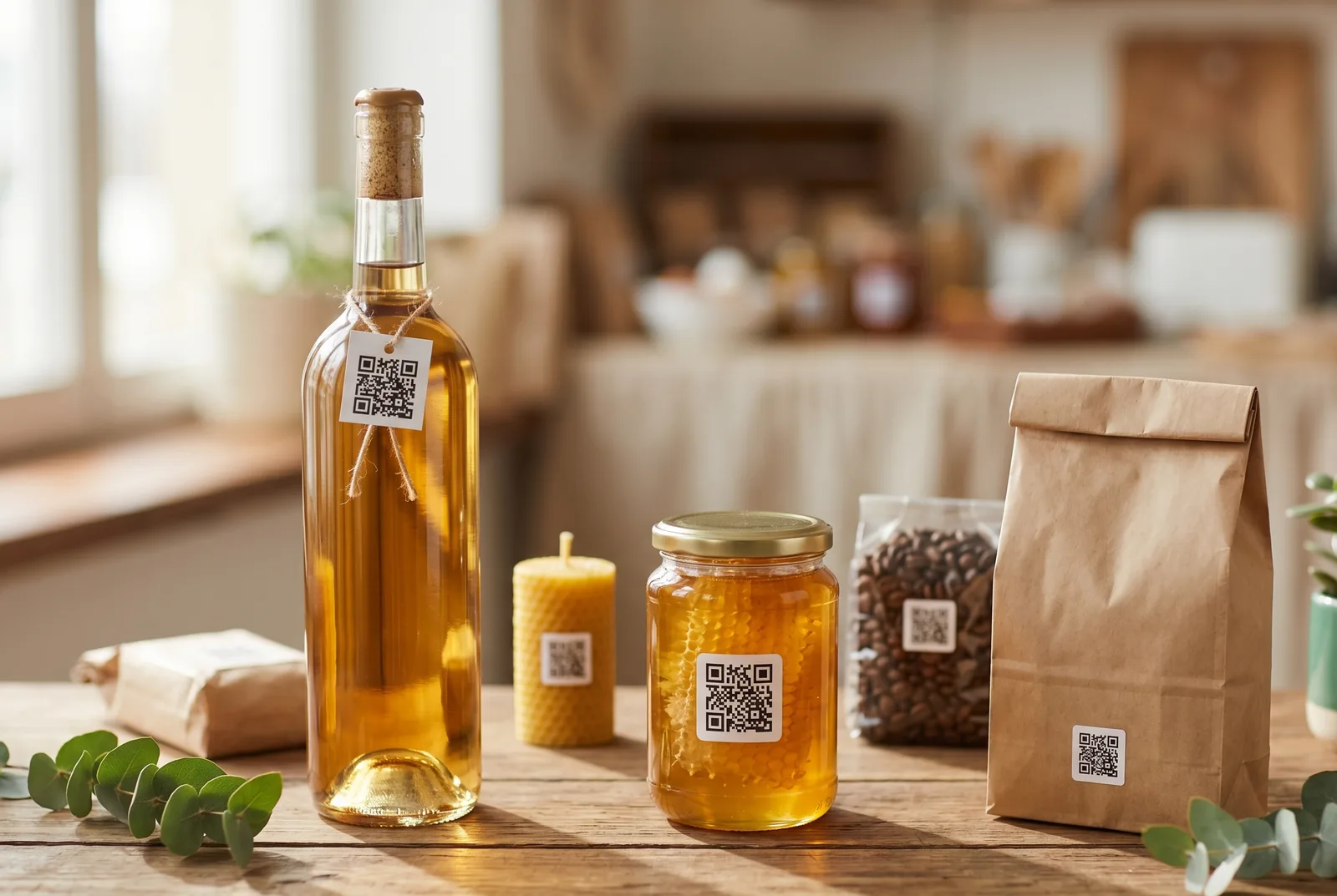 Mehrere Produkte mit digitalen Produktpässen Mehrere reale Produkte mit sichtbaren QR-Codes in natuerlichem Licht.