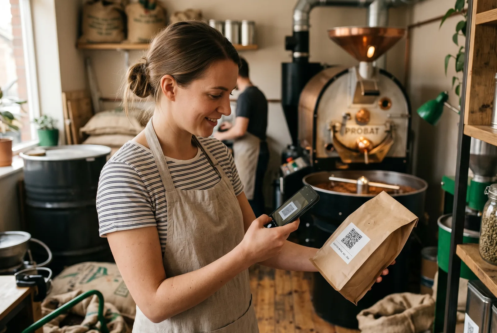 Kaffeeverpackung mit digitalem Produktpass Kaffeeverpackung mit QR-Code wird in einer Roesterei gescannt.
