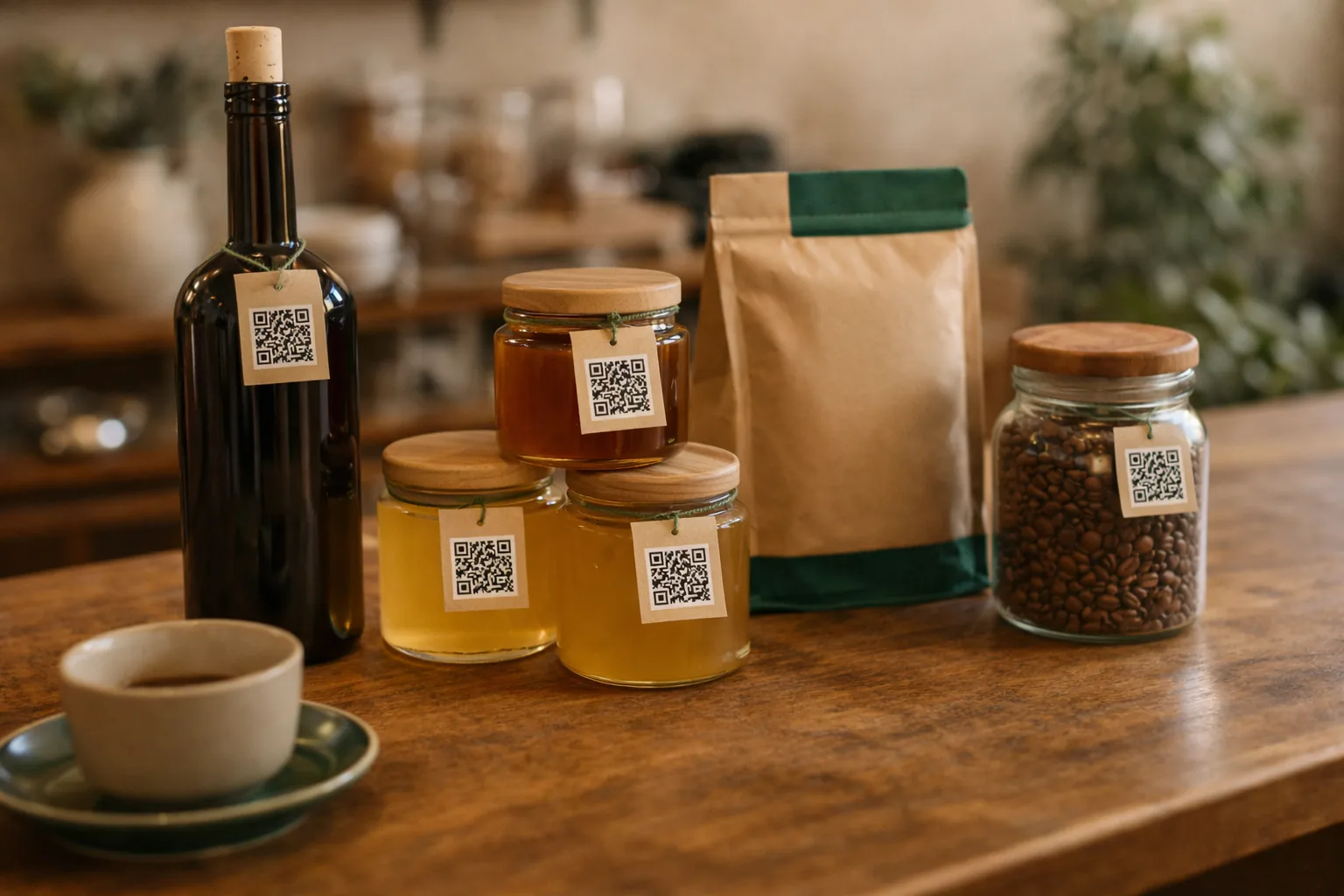 Regionale Produkte mit QR-Code Regionale Produkte mit sichtbaren QR-Codes in natuerlichem Licht.