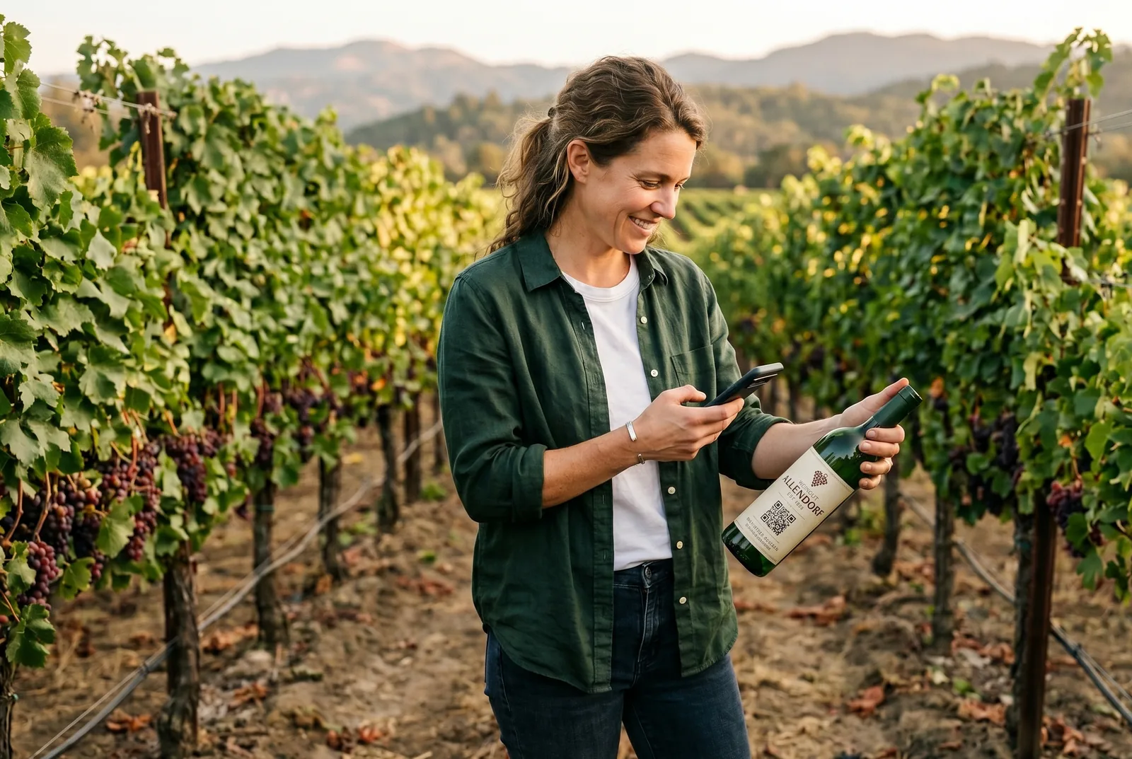 Weinflasche mit QR-Code im Weinberg scannen Weinflasche mit QR-Code wird im Weinberg mit einem Smartphone gescannt.